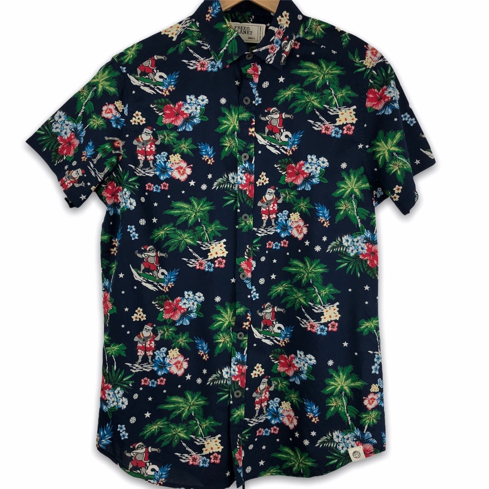 Free Planet Christmas Hawaiian Santa Button Down S